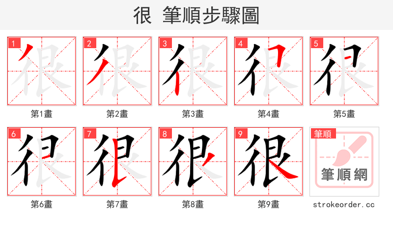 stroke order steps of 很