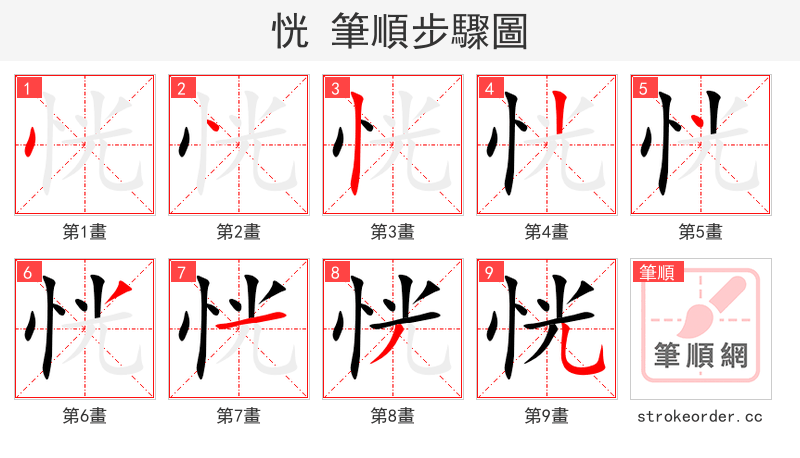 stroke order steps of 恍