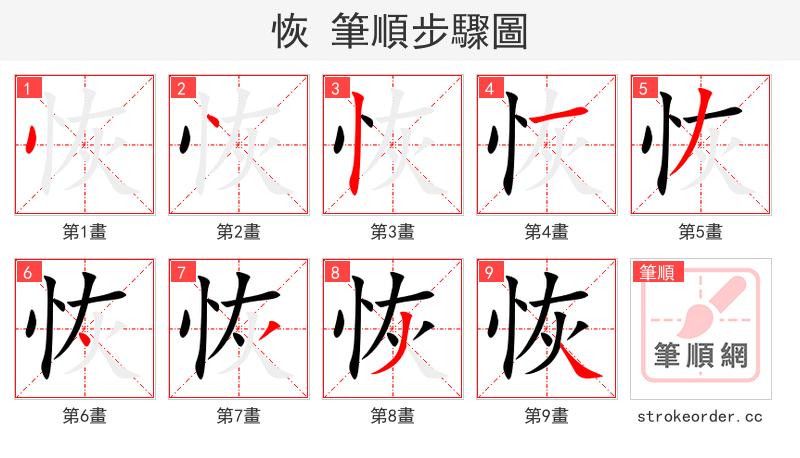 恢 的笔顺分步演示（一笔一画写字）