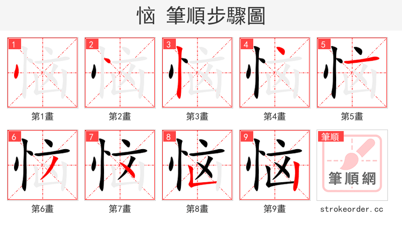 恼 的笔顺分步演示（一笔一画写字）