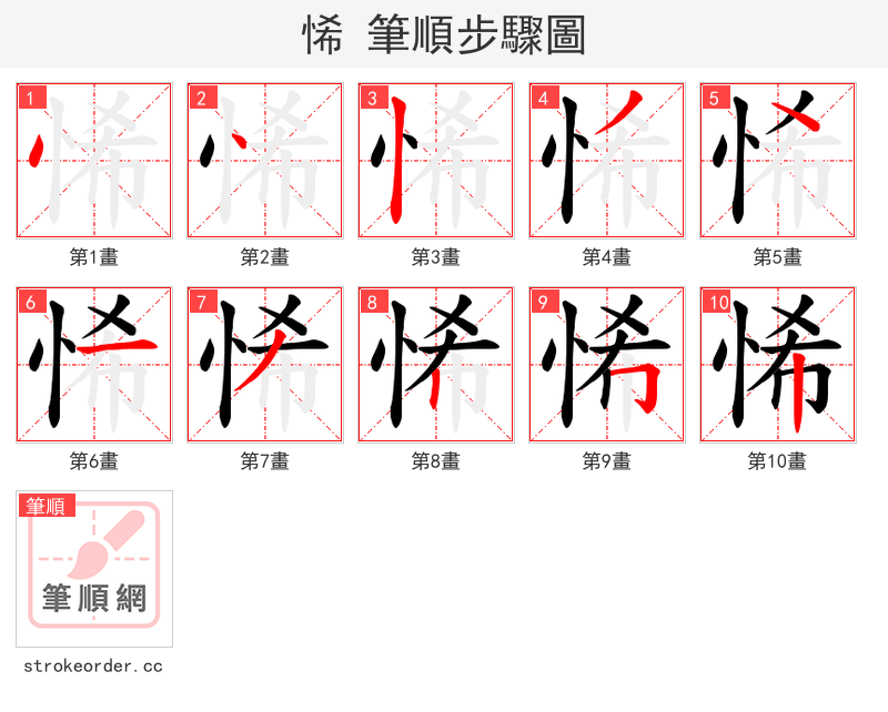悕 的笔顺分步演示（一笔一画写字）