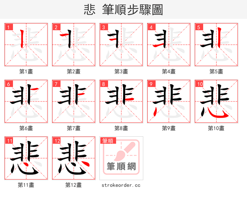悲 的笔顺分步演示（一笔一画写字）