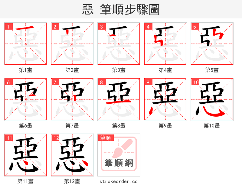 惡 的笔顺分步演示（一笔一画写字）