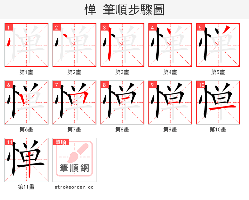 惮 的笔顺分步演示（一笔一画写字）