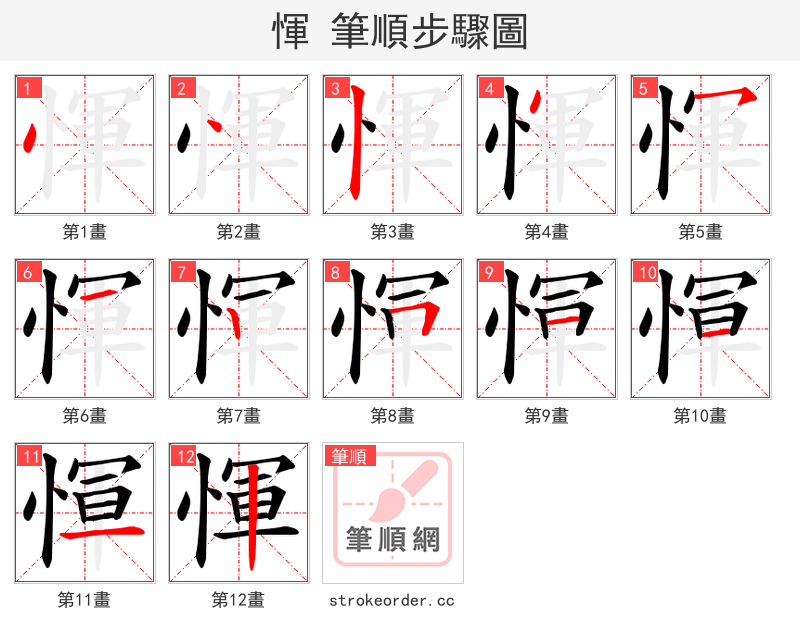 惲 的笔顺分步演示（一笔一画写字）