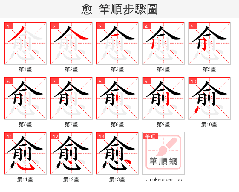 愈 的笔顺分步演示（一笔一画写字）