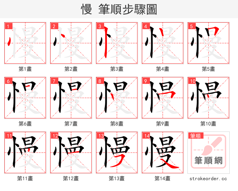慢 的笔顺分步演示（一笔一画写字）