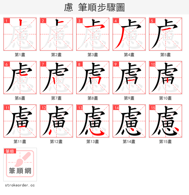 慮 的笔顺分步演示（一笔一画写字）