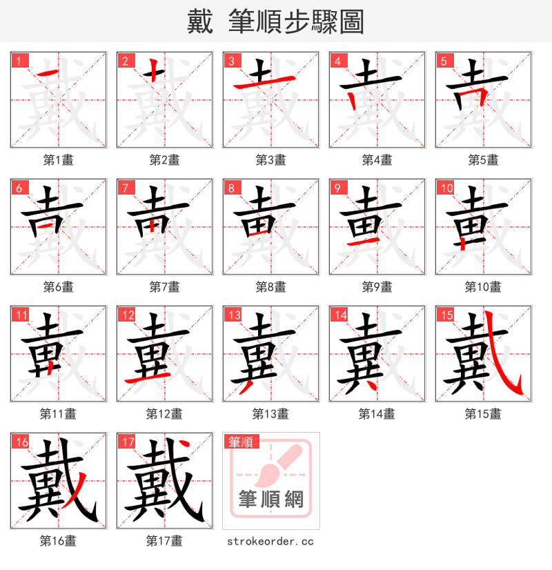 戴 的笔顺分步演示（一笔一画写字）