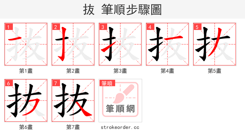 抜 的笔顺分步演示（一笔一画写字）