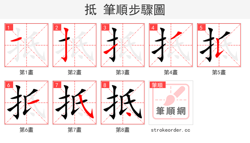 抵 的笔顺分步演示（一笔一画写字）