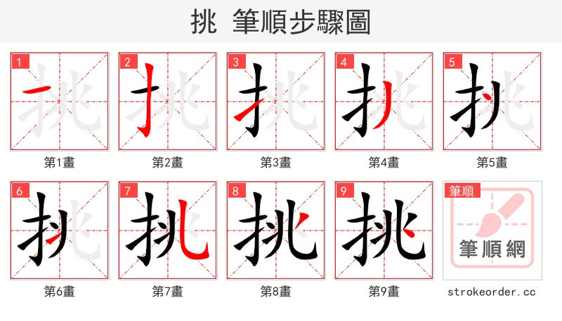 挑 的笔顺分步演示（一笔一画写字）