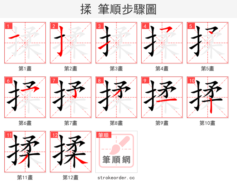 揉 的笔顺分步演示（一笔一画写字）