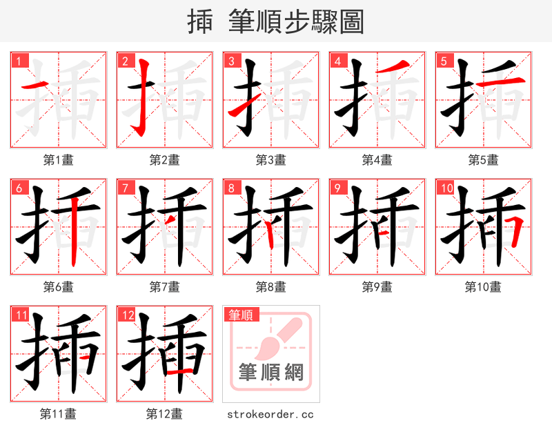 揷 的笔顺分步演示（一笔一画写字）