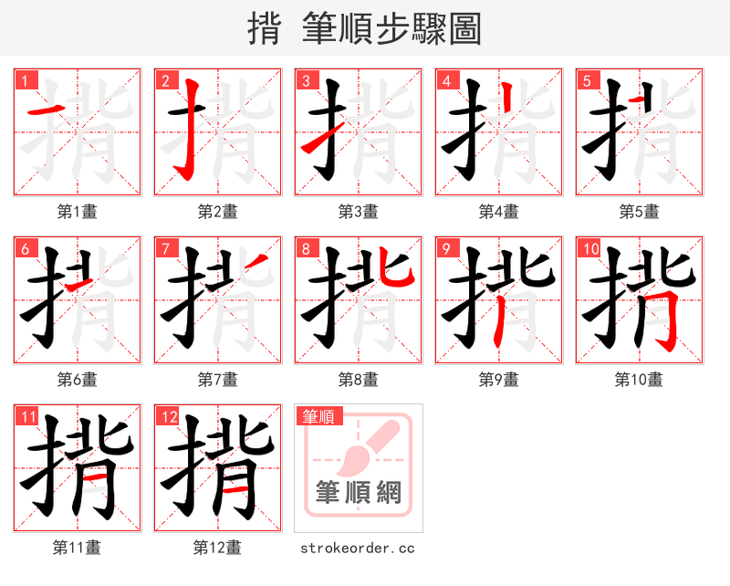 揹 的笔顺分步演示（一笔一画写字）