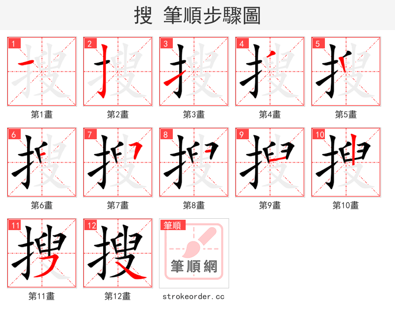 搜 的笔顺分步演示（一笔一画写字）