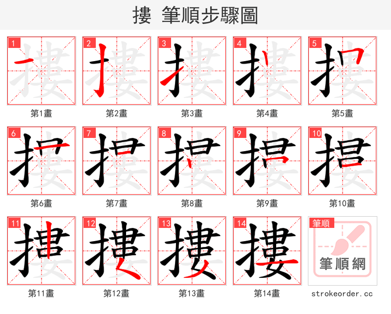 摟 的笔顺分步演示（一笔一画写字）
