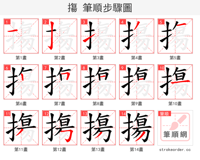 摥 的笔顺分步演示（一笔一画写字）
