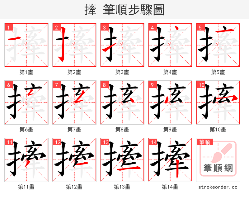 撁 的笔顺分步演示（一笔一画写字）