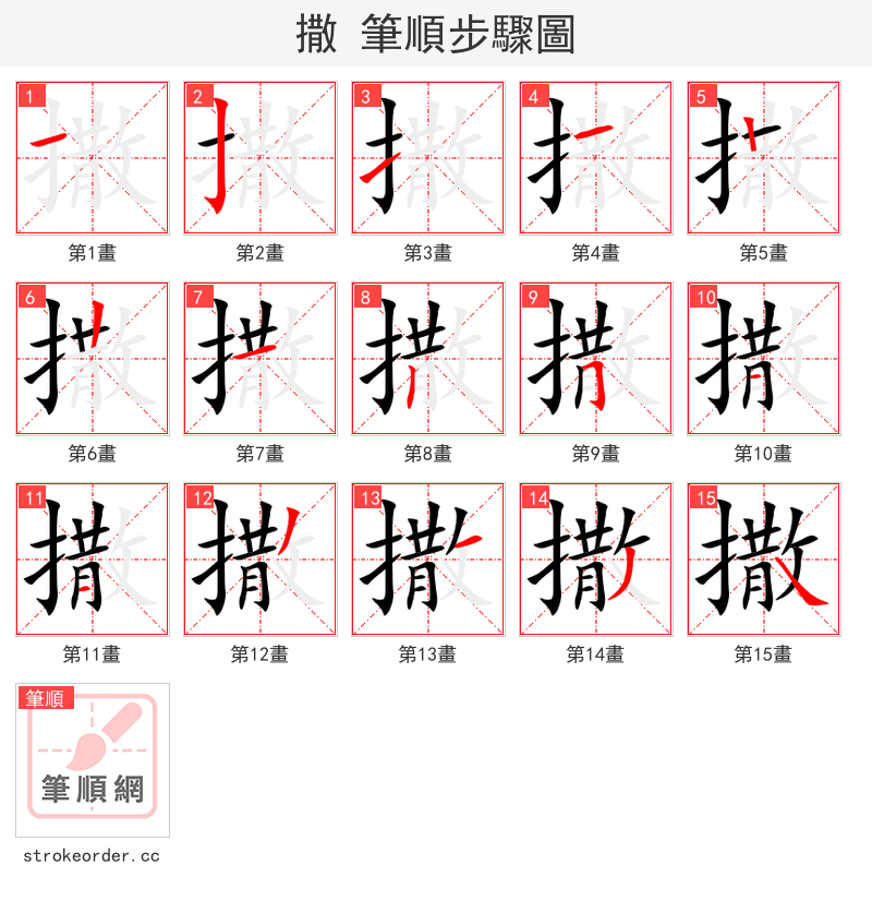 撒 的笔顺分步演示（一笔一画写字）