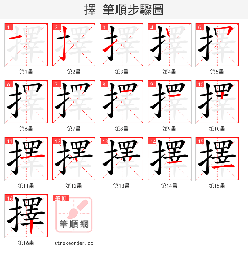 擇 的笔顺分步演示（一笔一画写字）