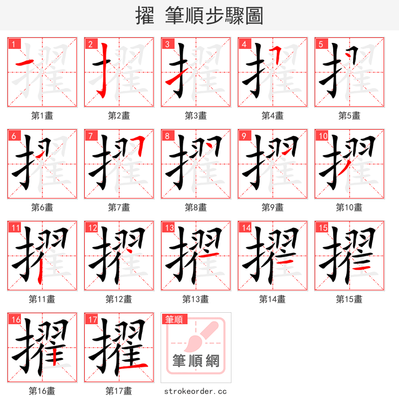擢 的笔顺分步演示（一笔一画写字）