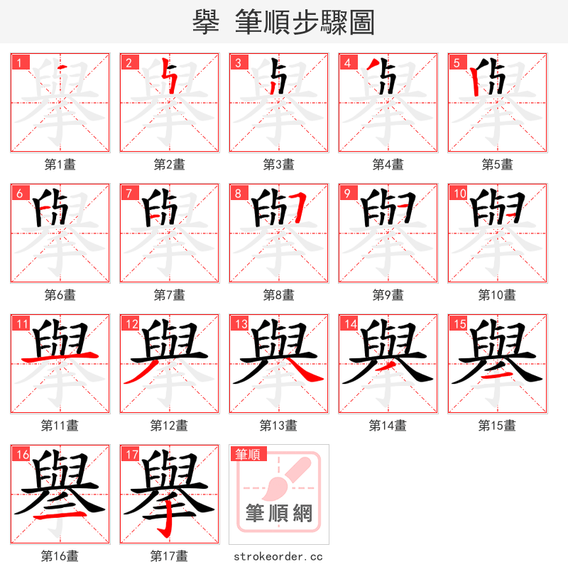 擧 的笔顺分步演示（一笔一画写字）