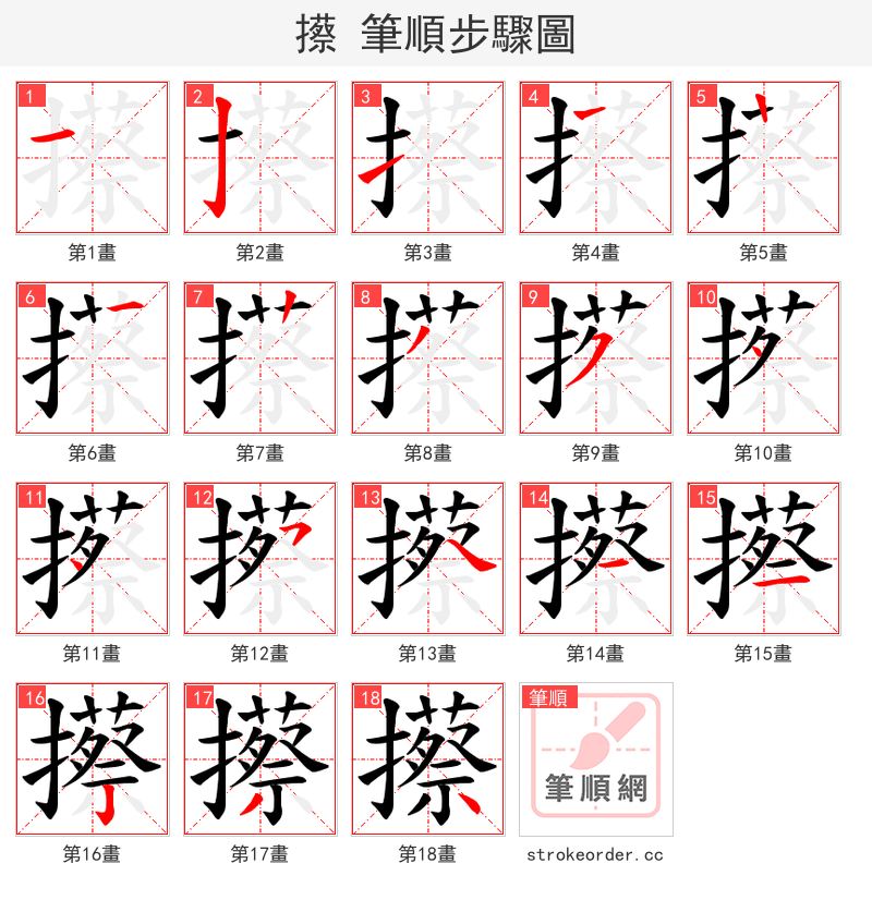 攃 的笔顺分步演示（一笔一画写字）