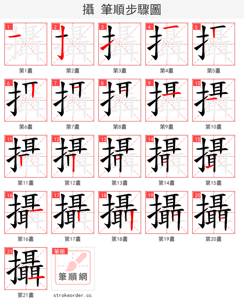 攝 的笔顺分步演示（一笔一画写字）