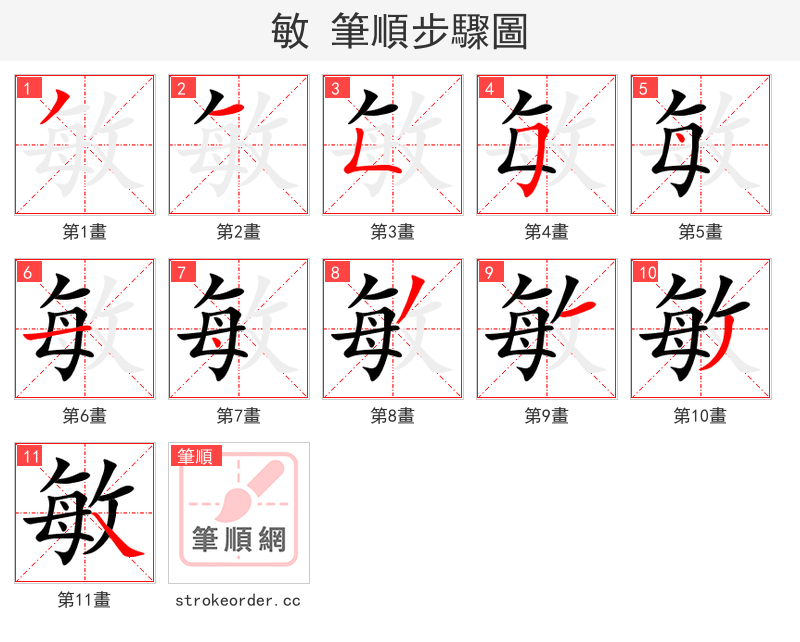 敏 的笔顺分步演示（一笔一画写字）
