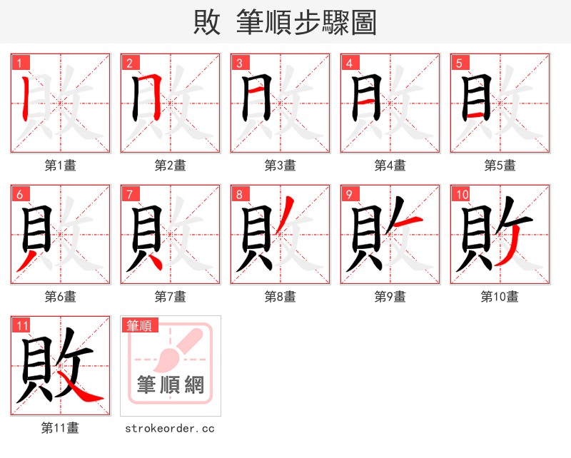 敗 的笔顺分步演示（一笔一画写字）