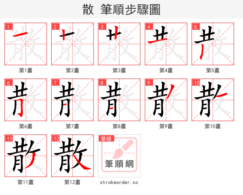 散 的笔顺分步演示（一笔一画写字）