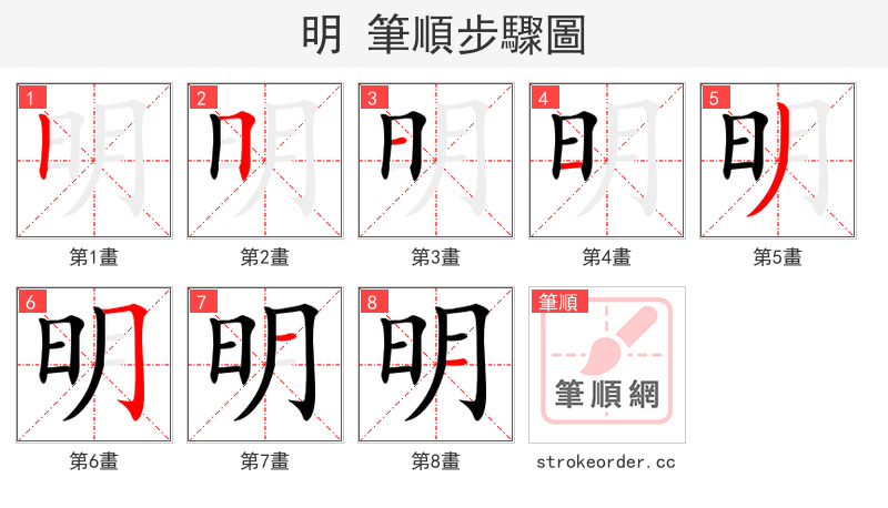 明 的笔顺分步演示（一笔一画写字）