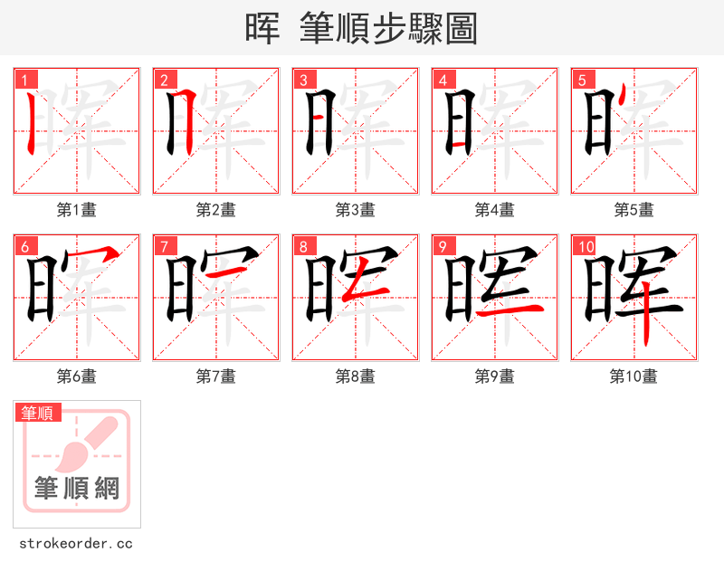 stroke order steps of 晖