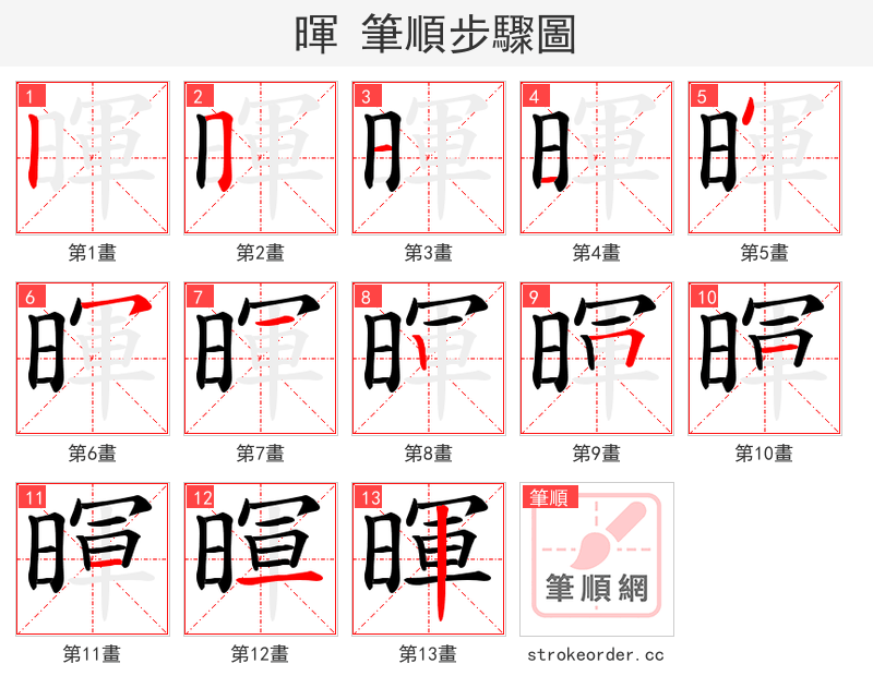 暉 的笔顺分步演示（一笔一画写字）