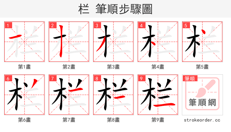 栏 的笔顺分步演示（一笔一画写字）
