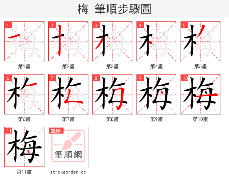 梅 的笔顺分步演示（一笔一画写字）