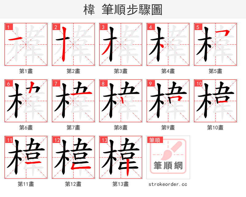 椲 的笔顺分步演示（一笔一画写字）