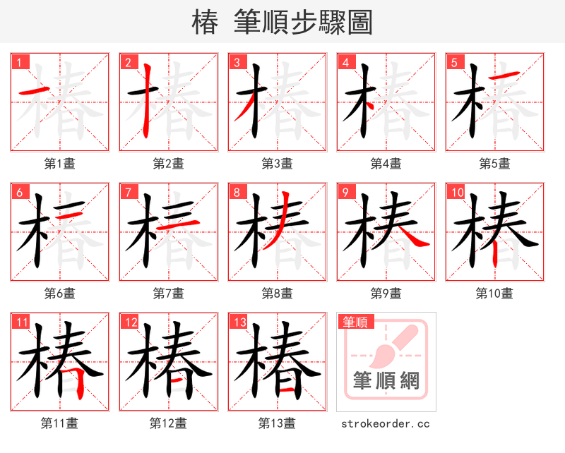椿 的笔顺分步演示（一笔一画写字）