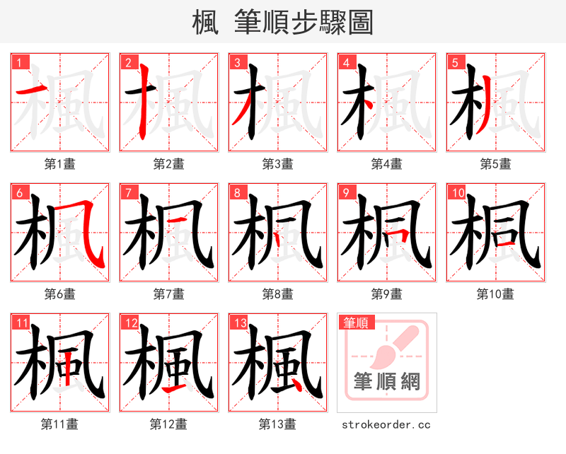 楓 的笔顺分步演示（一笔一画写字）