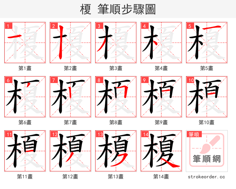 榎 的笔顺分步演示（一笔一画写字）