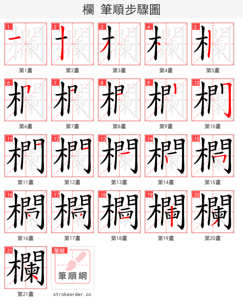 欄 的笔顺分步演示（一笔一画写字）