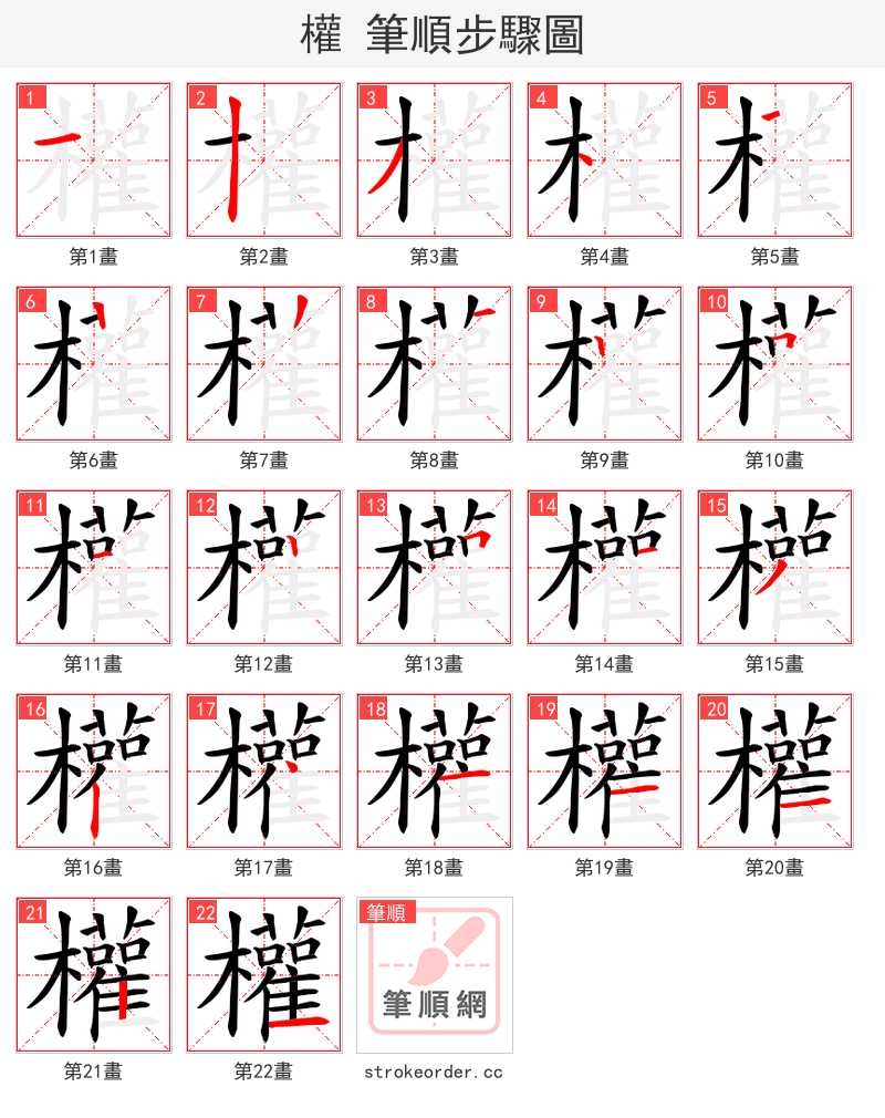 權 的笔顺分步演示（一笔一画写字）