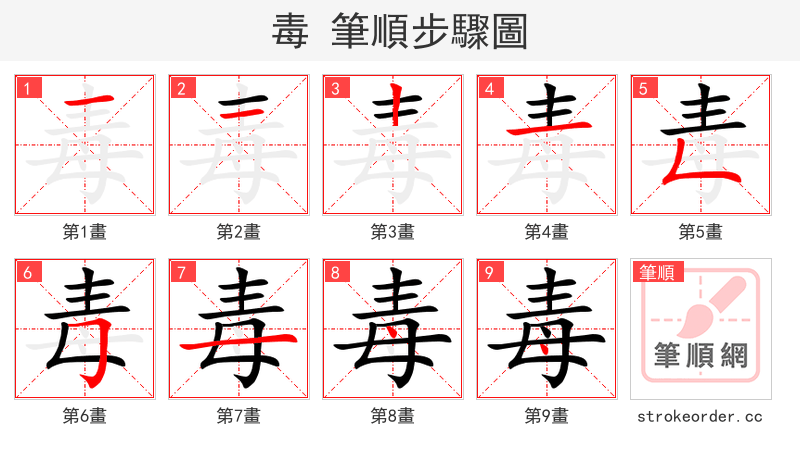 stroke order steps of 毒