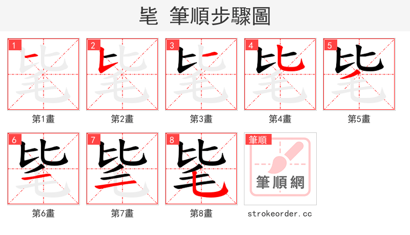 毞 的笔顺分步演示（一笔一画写字）