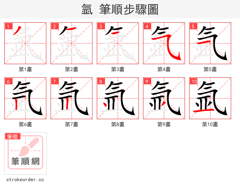 氩 的笔顺分步演示（一笔一画写字）