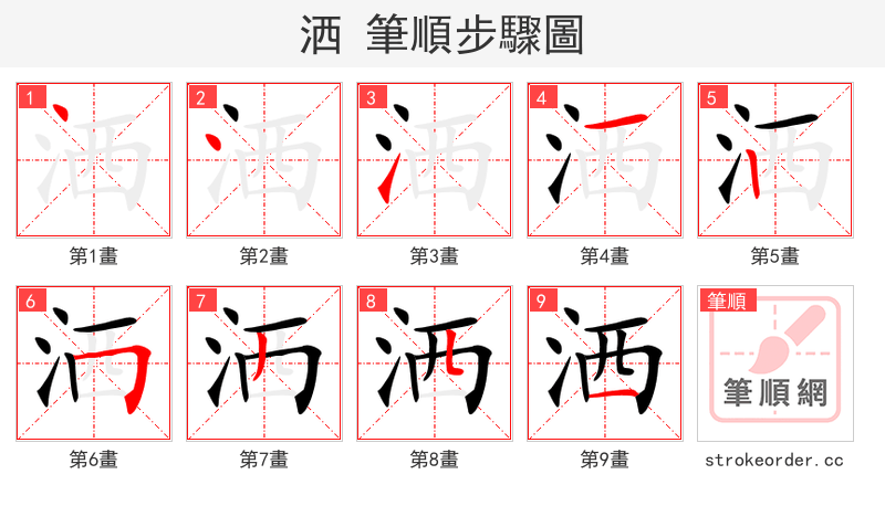 洒 的笔顺分步演示（一笔一画写字）