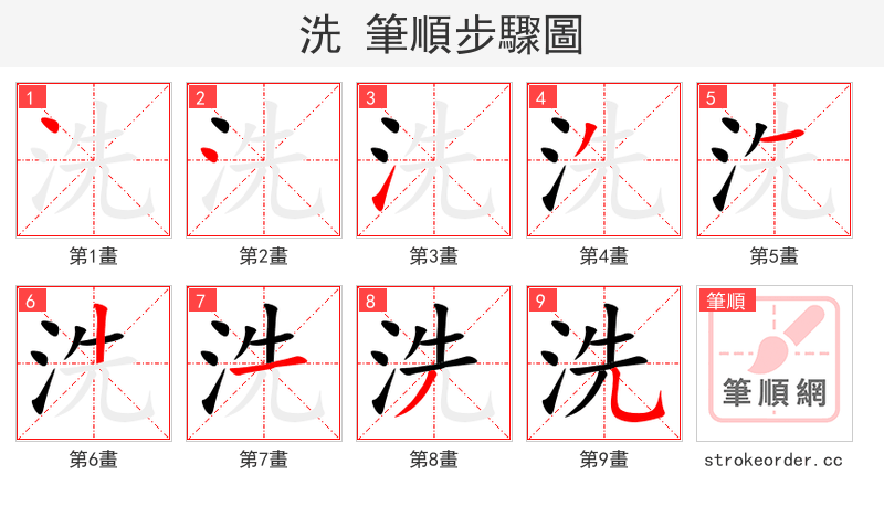 stroke order steps of 洗