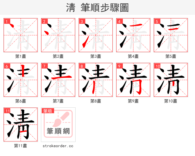 淸 的笔顺分步演示（一笔一画写字）