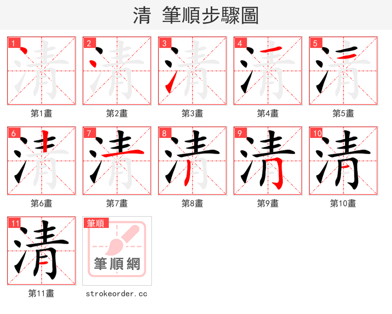 清 的笔顺分步演示（一笔一画写字）